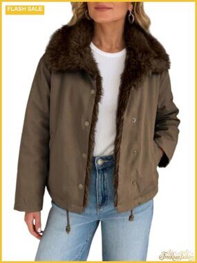 Womens Faux Fur Collar Button Winter Puffer Coat Warm Casual Jacket
